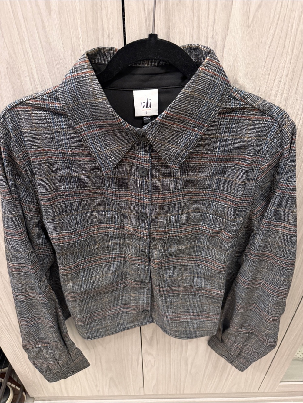 CAbi Gray Plaid Button-Front Jacket with Rust Stripes